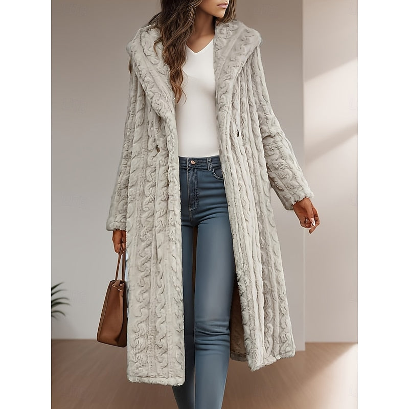 Aldona | Damen Langer Kunstfell Wintermantel mit Kapuze - Light Grey - Image 1