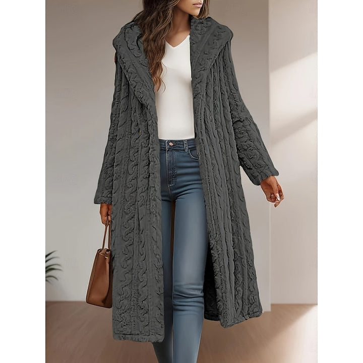 Aldona | Damen Langer Kunstfell Wintermantel mit Kapuze - Light Grey - Image 2