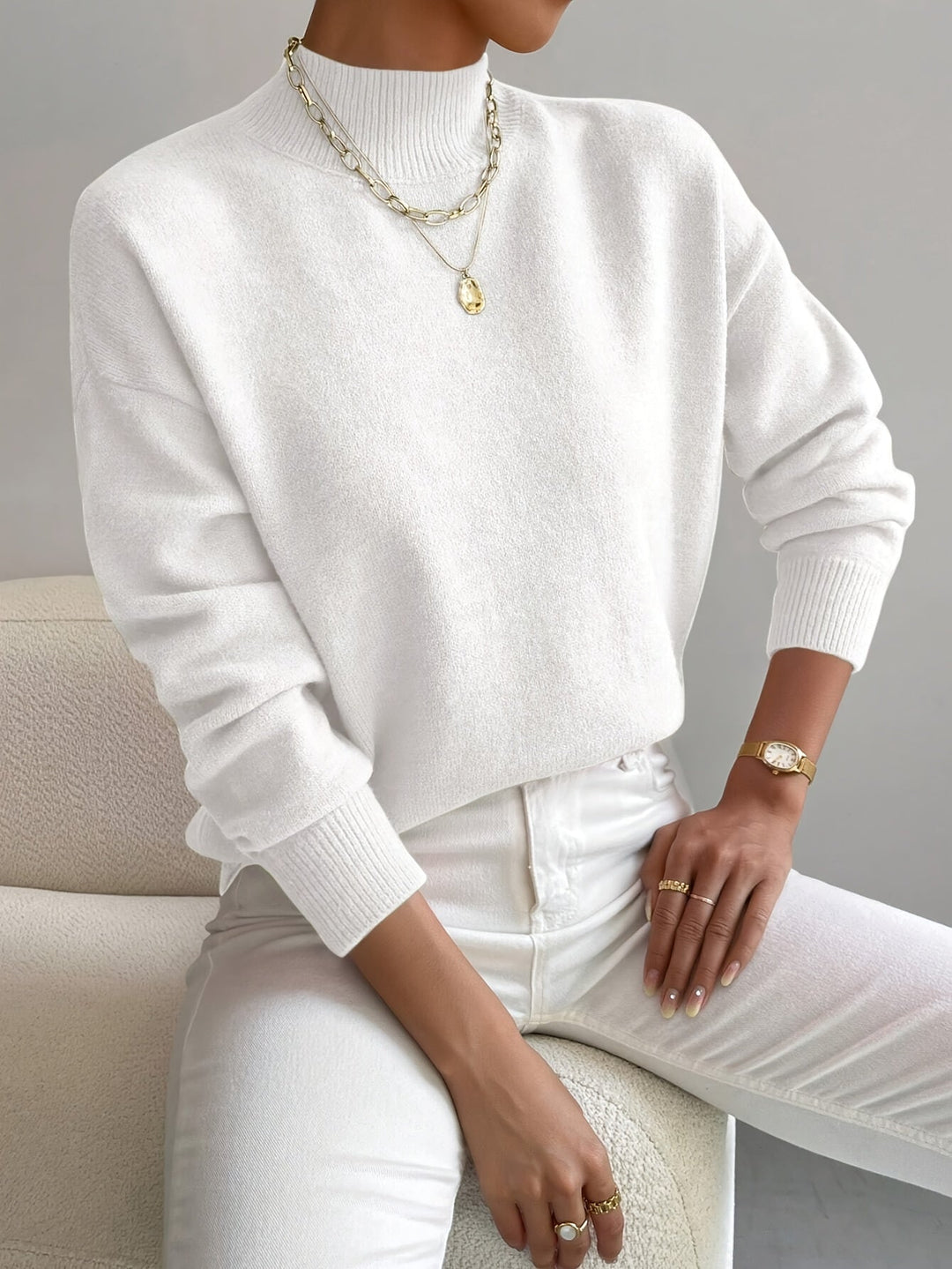 Almira | Damen Pullover mit Stehkragen Relaxed Fit - White - Image 1