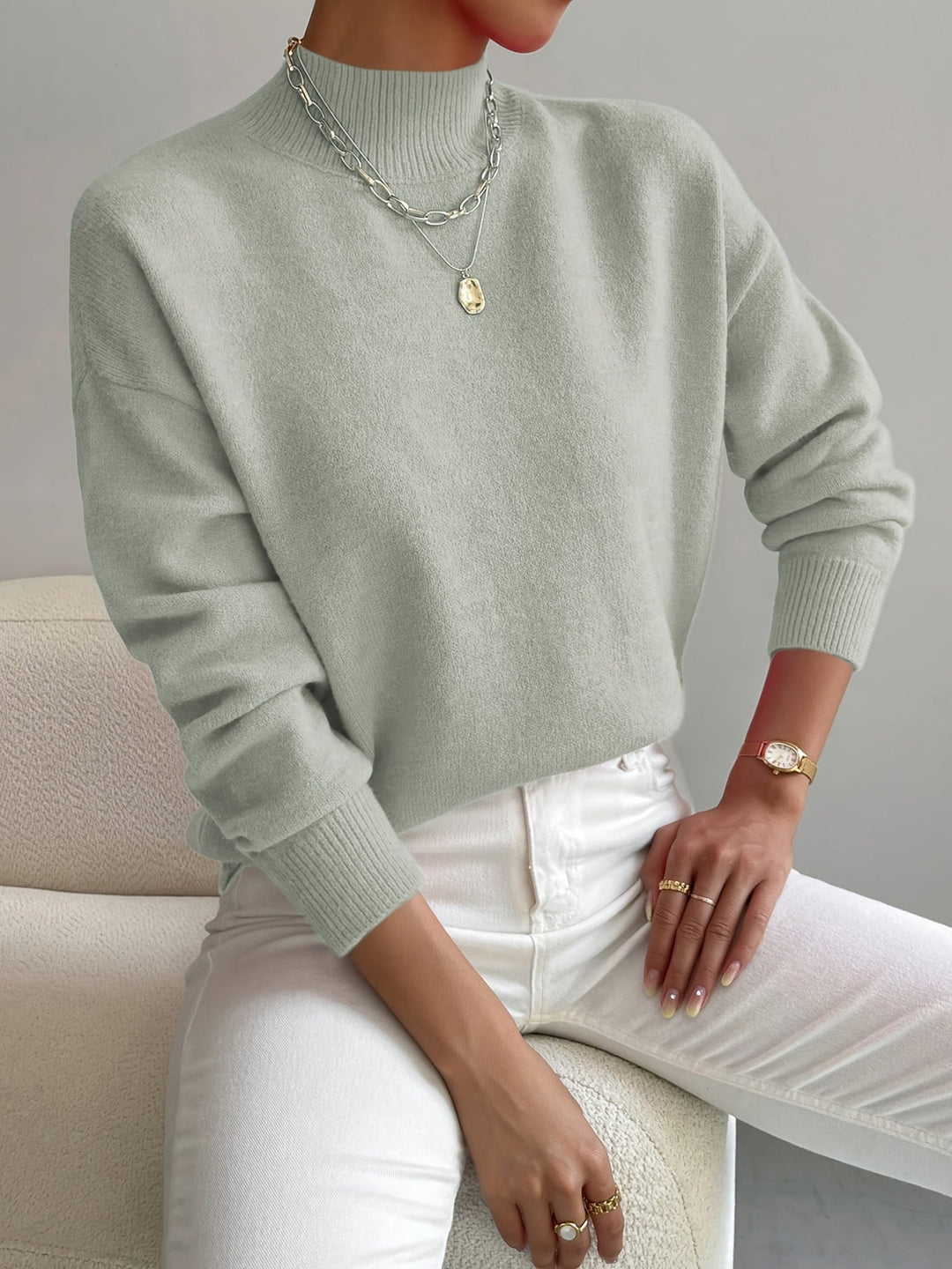 Almira | Damen Pullover mit Stehkragen Relaxed Fit - White - Image 10