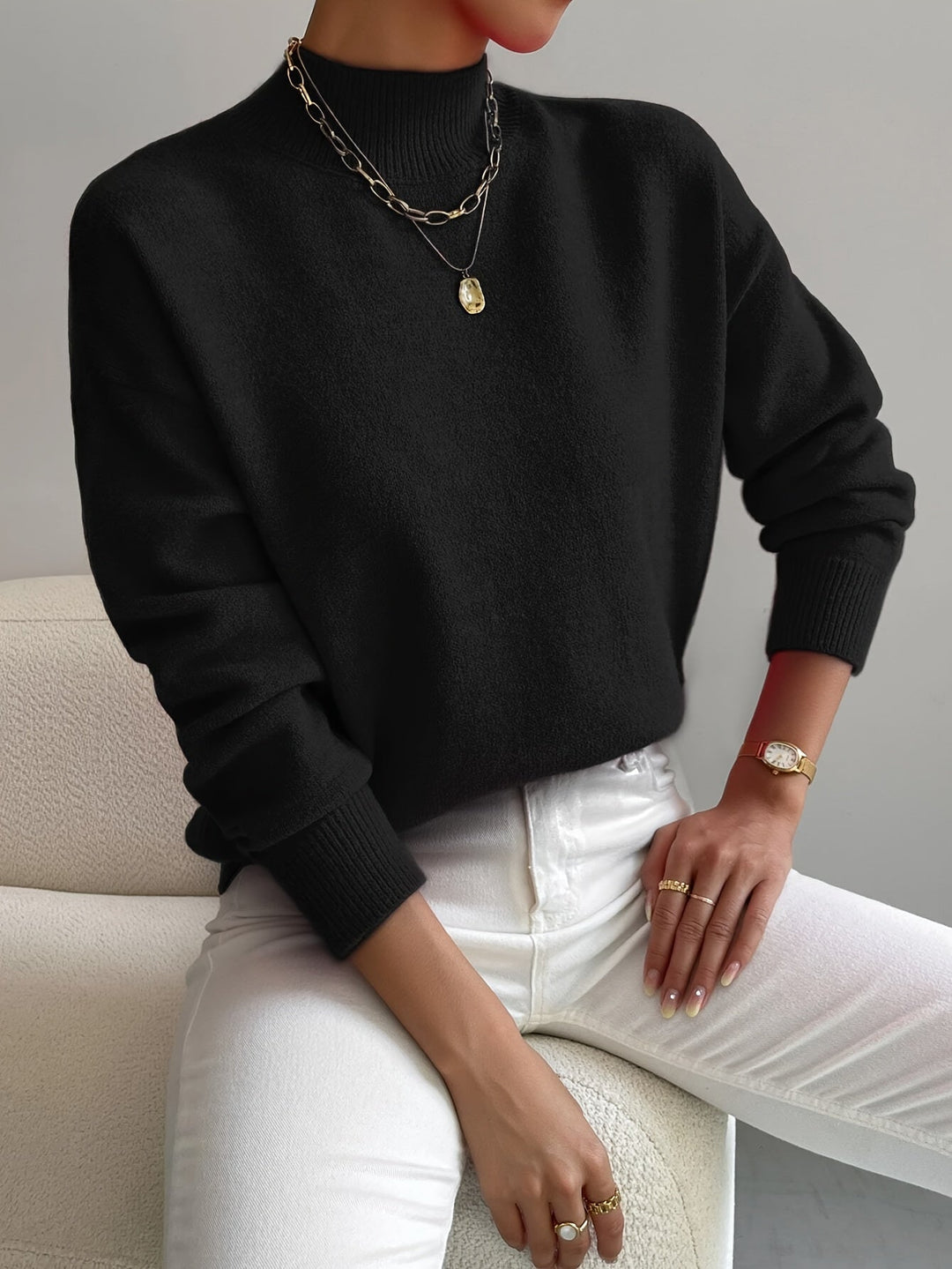 Almira | Damen Pullover mit Stehkragen Relaxed Fit - White - Image 5