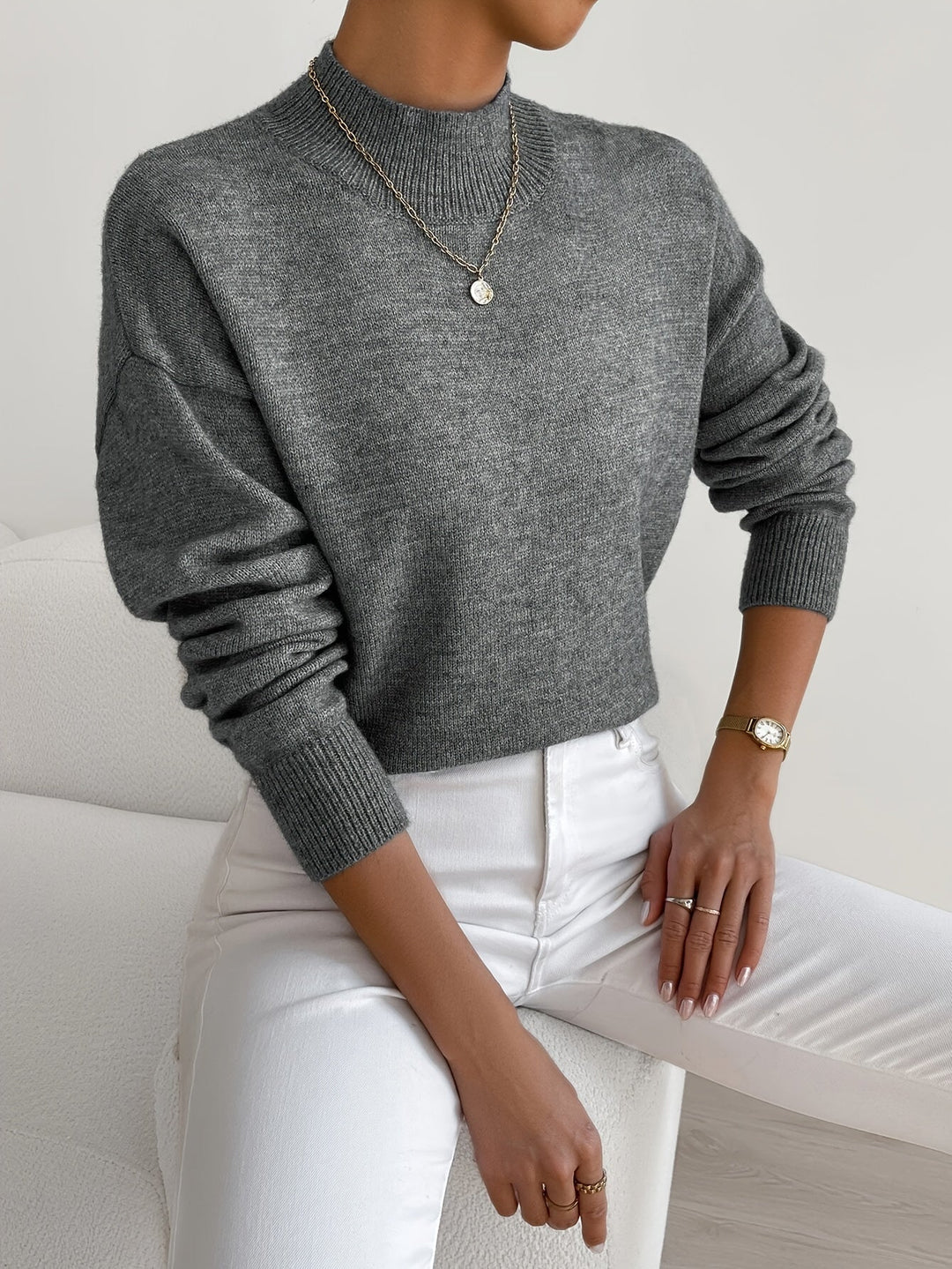 Almira | Damen Pullover mit Stehkragen Relaxed Fit - White - Image 9