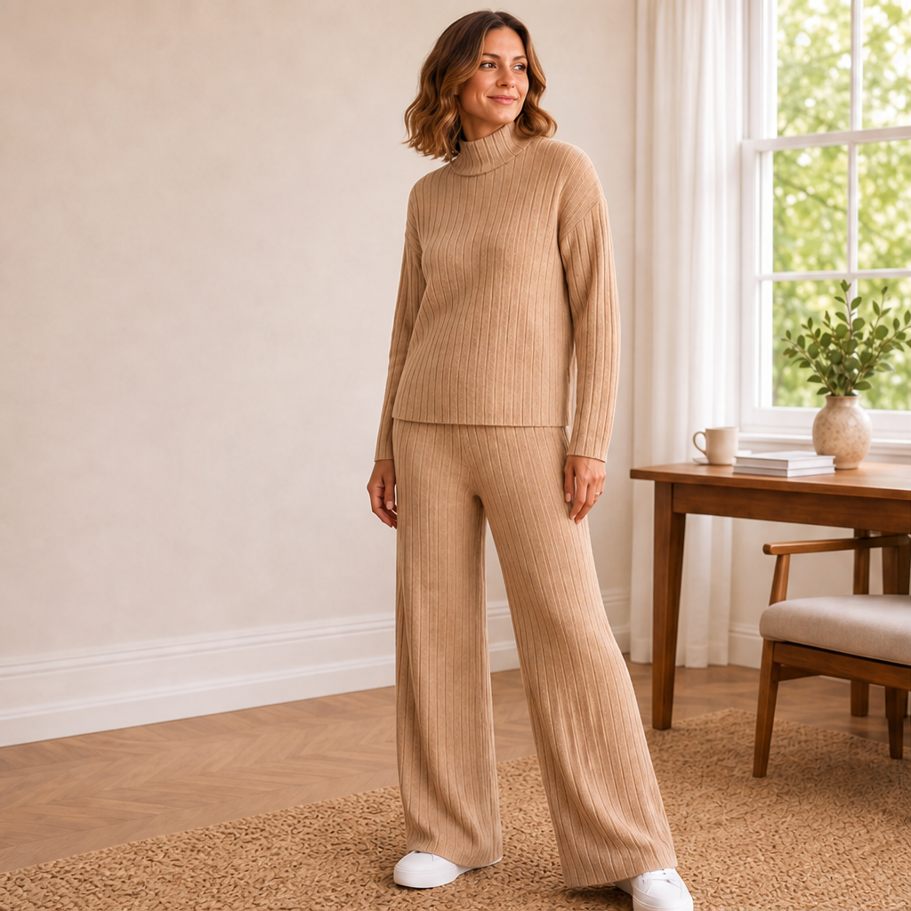 Belvonda | Damen Rippstrick-Set Rollkragen Weithose - Camel - Image 1