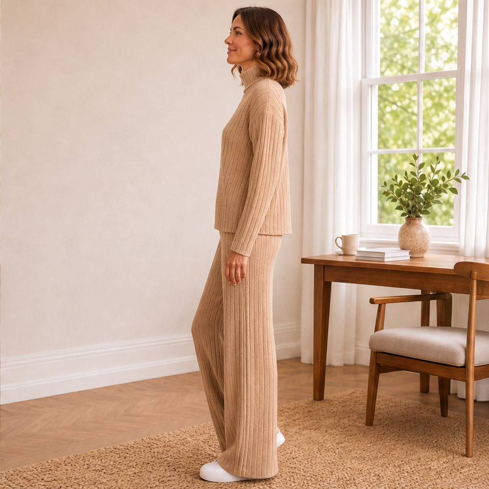 Belvonda | Damen Rippstrick-Set Rollkragen Weithose - Camel - Image 2