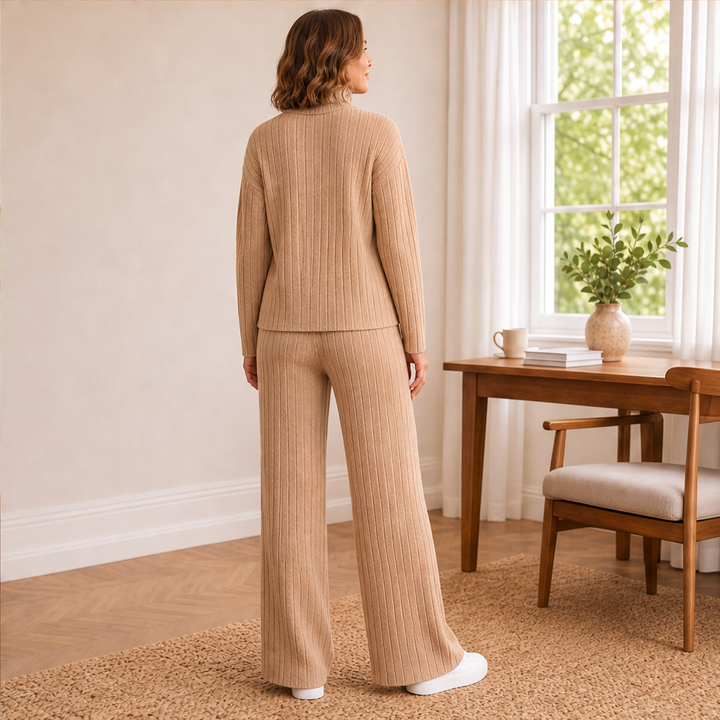 Belvonda | Damen Rippstrick-Set Rollkragen Weithose - Camel - Image 3