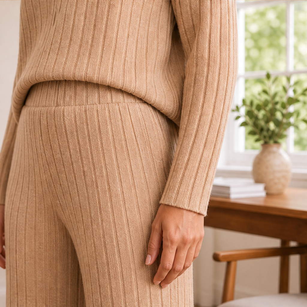 Belvonda | Damen Rippstrick-Set Rollkragen Weithose - Camel - Image 4