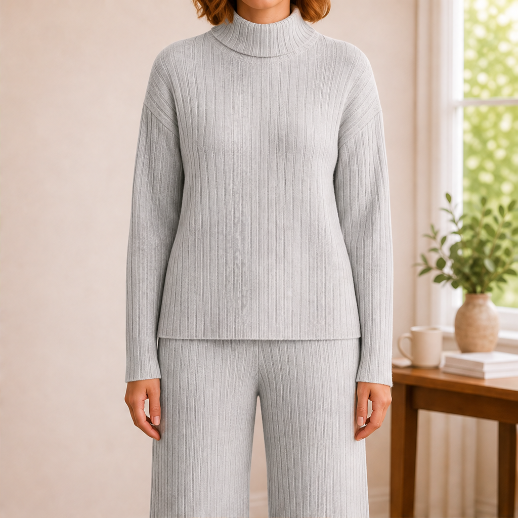 Belvonda | Damen Rippstrick-Set Rollkragen Weithose - Camel - Image 6