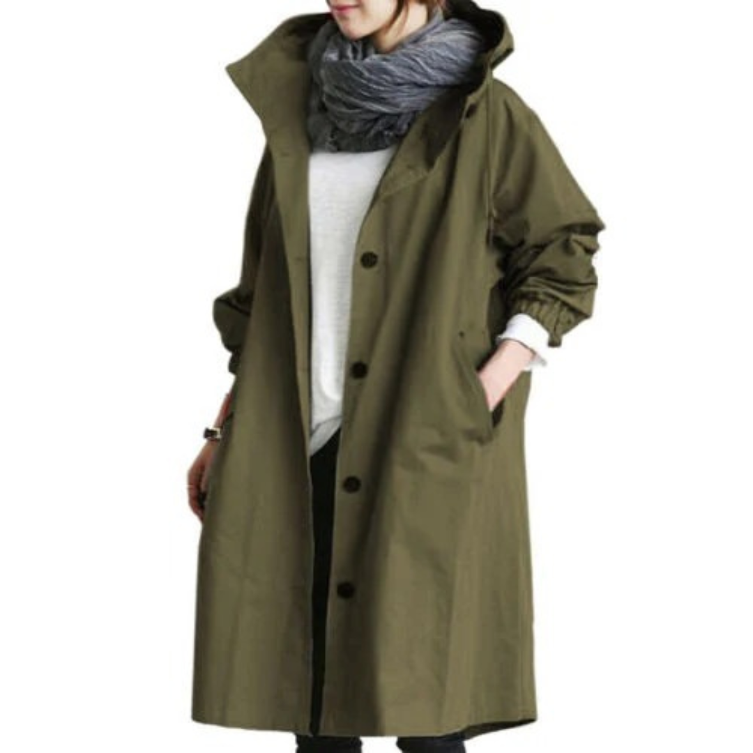 Bervaine | Damen Langer Regenmantel mit Kapuze - Olive Green - Image 1