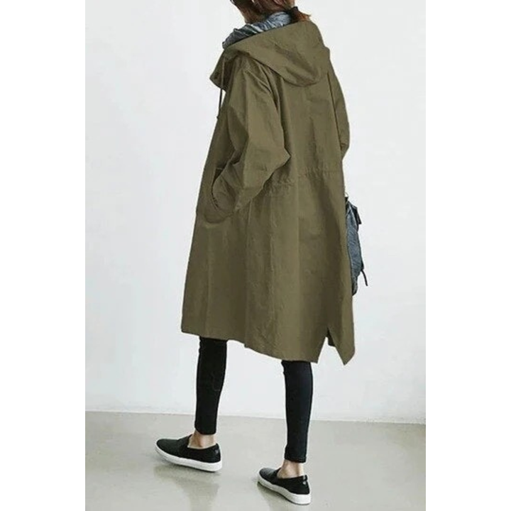 Bervaine | Damen Langer Regenmantel mit Kapuze - Olive Green - Image 2
