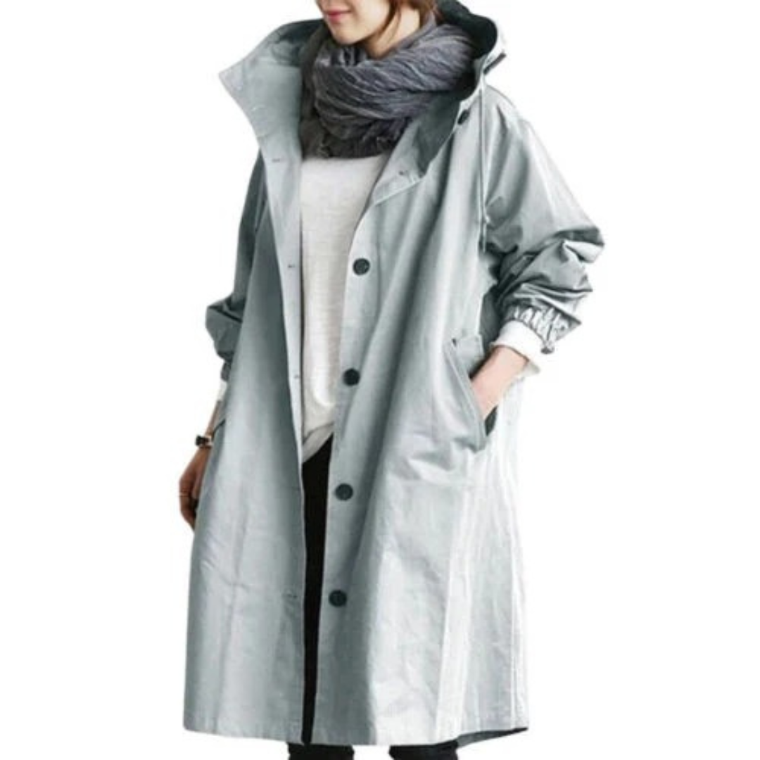Bervaine | Damen Langer Regenmantel mit Kapuze - Olive Green - Image 3