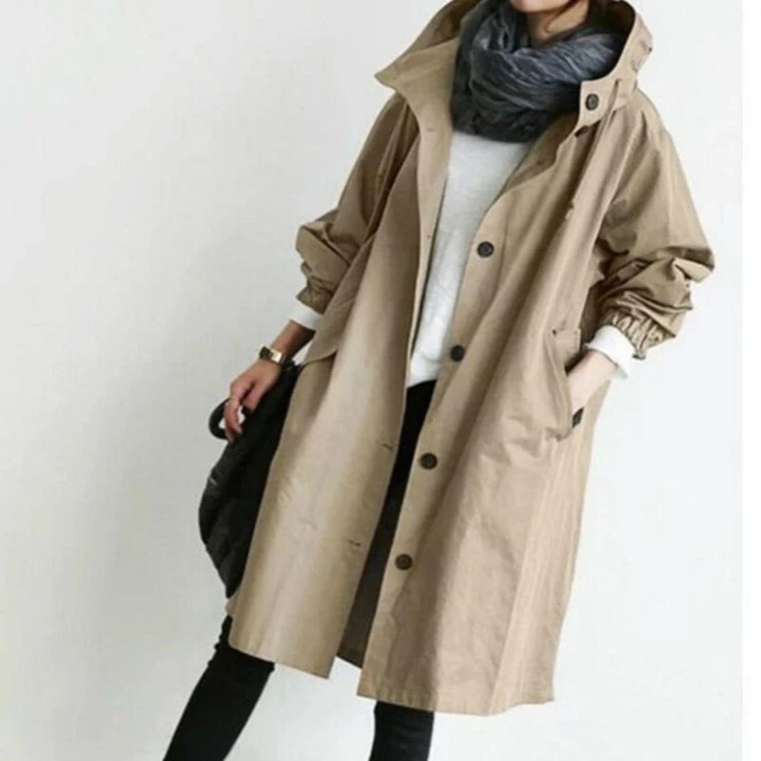 Bervaine | Damen Langer Regenmantel mit Kapuze - Olive Green - Image 4