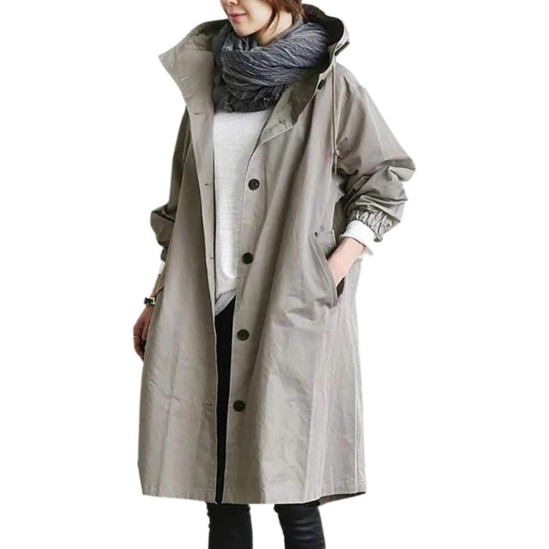 Bervaine | Damen Langer Regenmantel mit Kapuze - Olive Green - Image 5