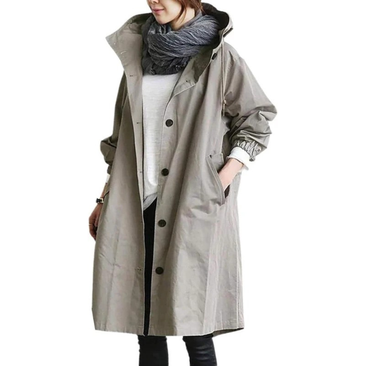 Bervaine | Damen Langer Regenmantel mit Kapuze - Olive Green - Image 5