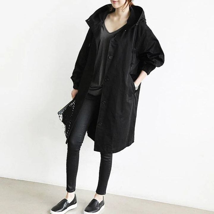 Bervaine | Damen Langer Regenmantel mit Kapuze - Olive Green - Image 7