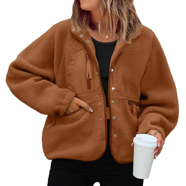 Brenvine | Damen Teddyjacke Fleecejacke mit Knopfleiste - Burgundy - Image 7