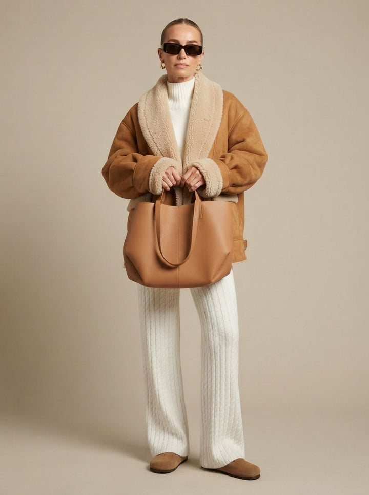 Bryndell | Damen Wintermantel Oversize Lammfell-Jacke - Camel - Image 1