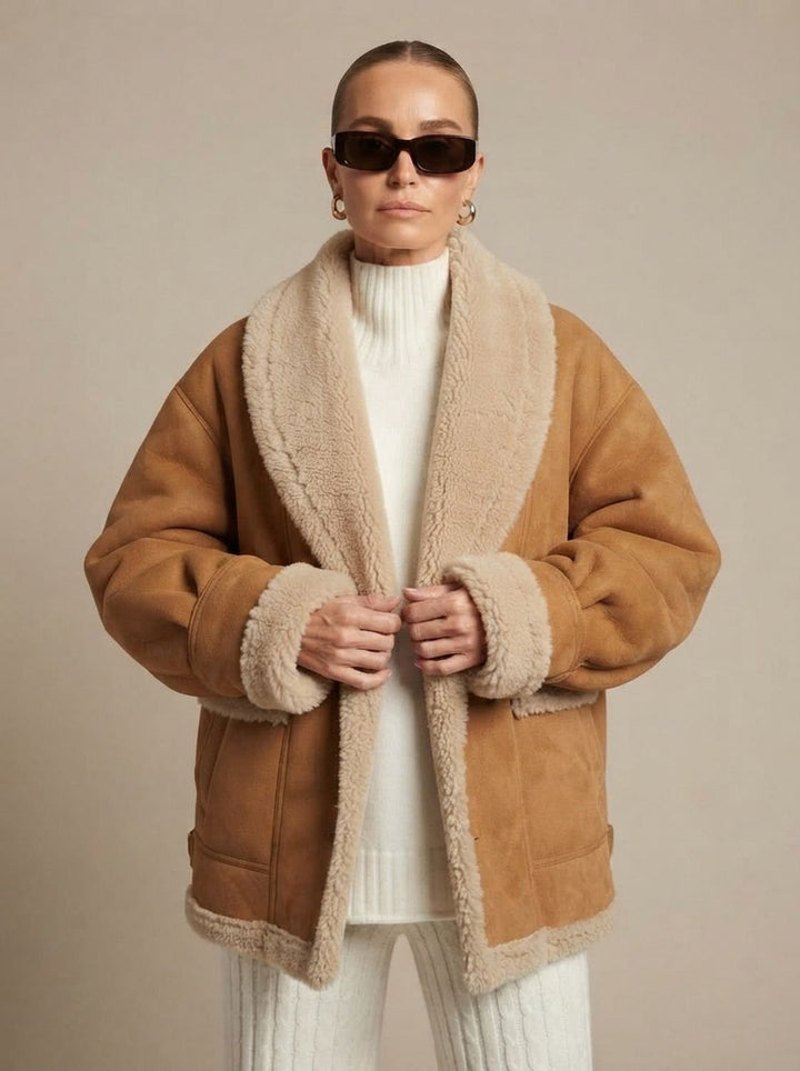 Bryndell | Damen Wintermantel Oversize Lammfell-Jacke - Camel - Image 2