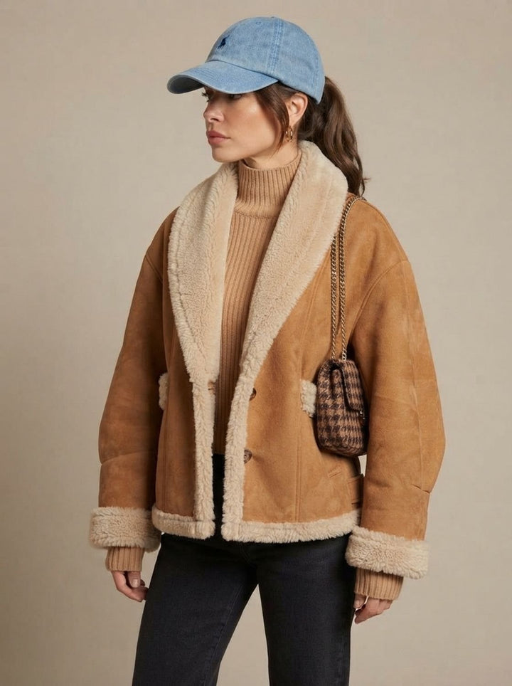 Bryndell | Damen Wintermantel Oversize Lammfell-Jacke - Camel - Image 3