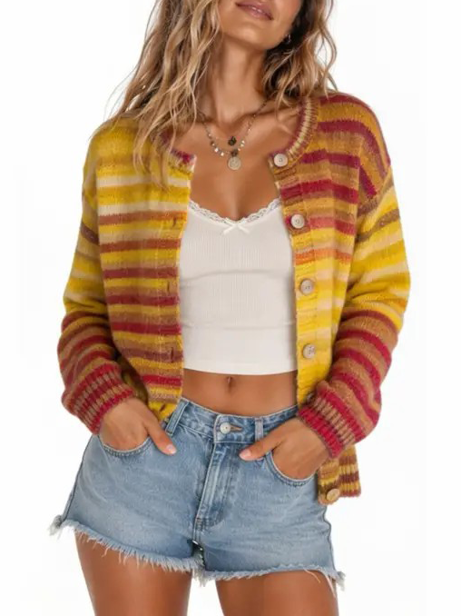 Brynveka | Damen Strickjacke Bunt Gestreift Langarm - Image 4