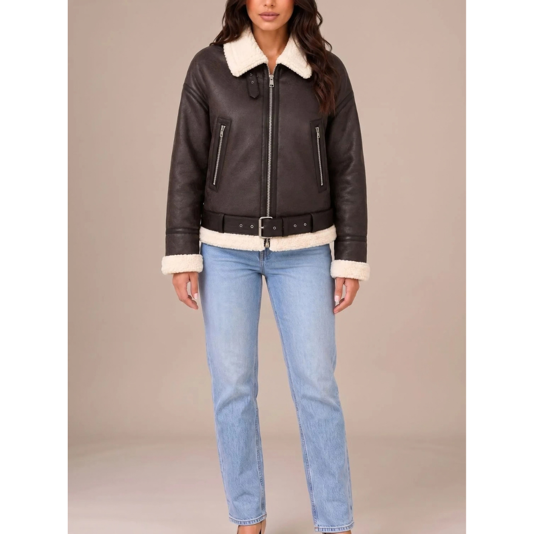 Brynveld | Damen Winterjacke Kurz Lammfell-Optik - Taupe - Image 4