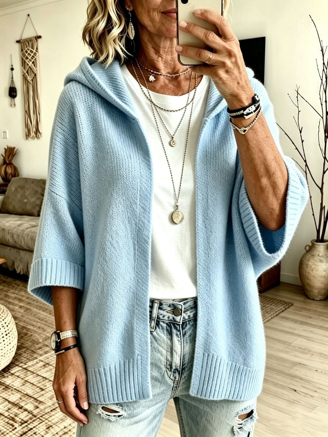 Brynvorne | Damen Kapuzen-Strickjacke Oversize Offen - Beige - Image 2
