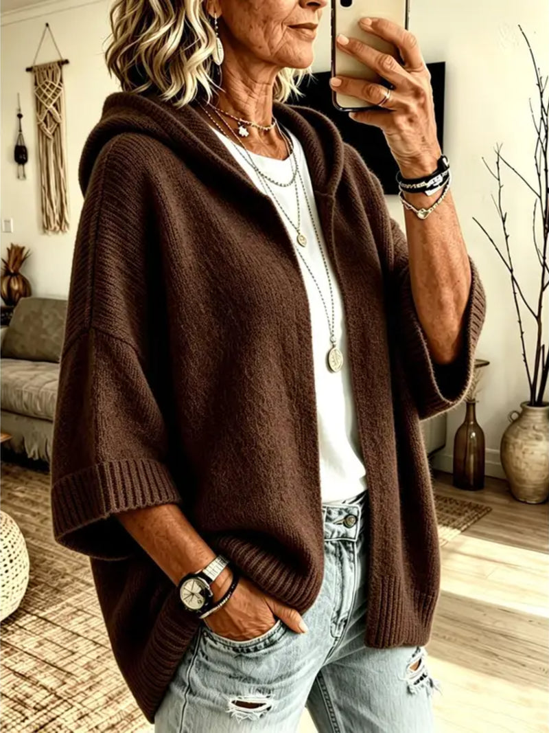 Brynvorne | Damen Kapuzen-Strickjacke Oversize Offen - Beige - Image 5