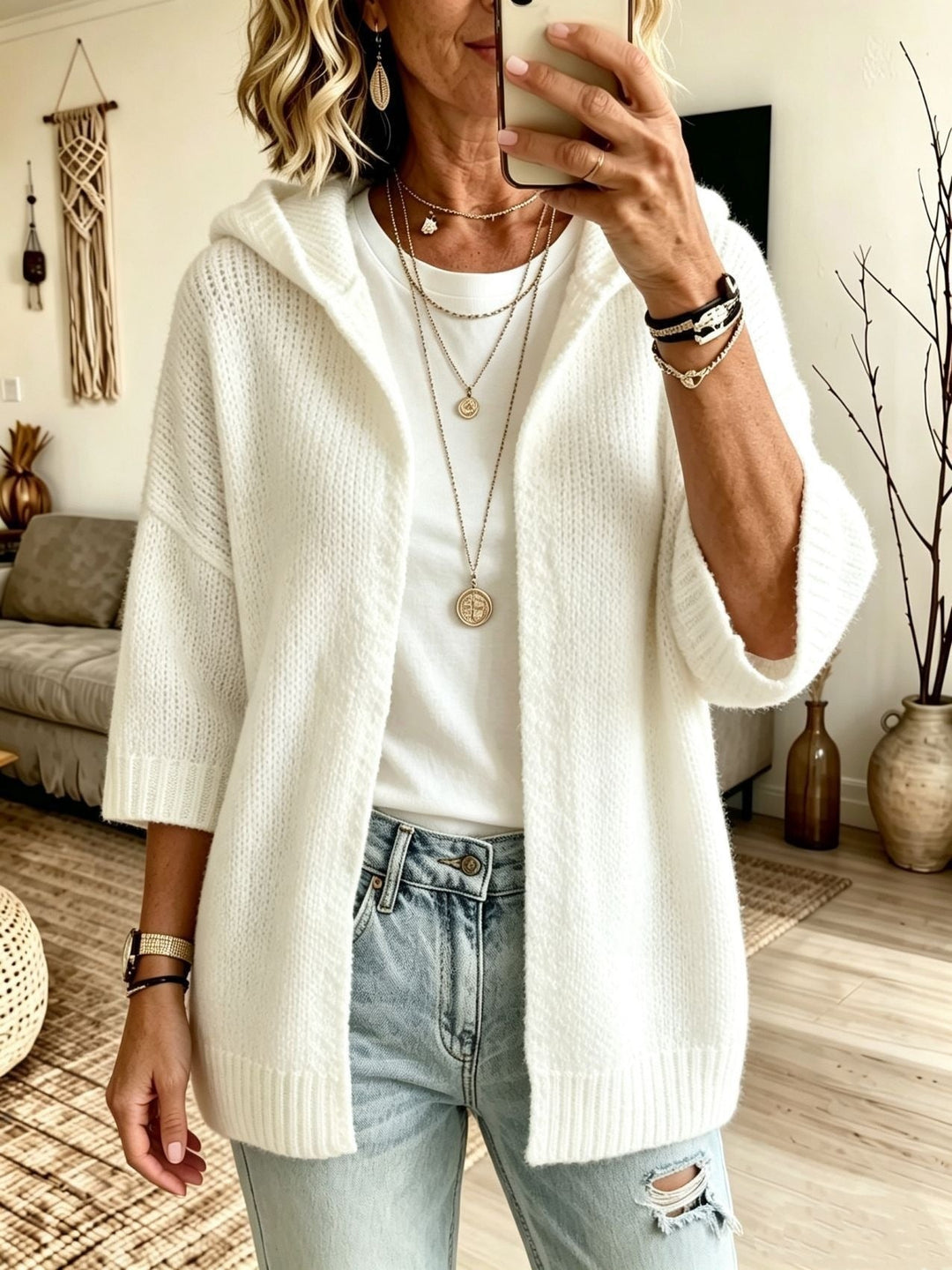 Brynvorne | Damen Kapuzen-Strickjacke Oversize Offen - Beige - Image 8