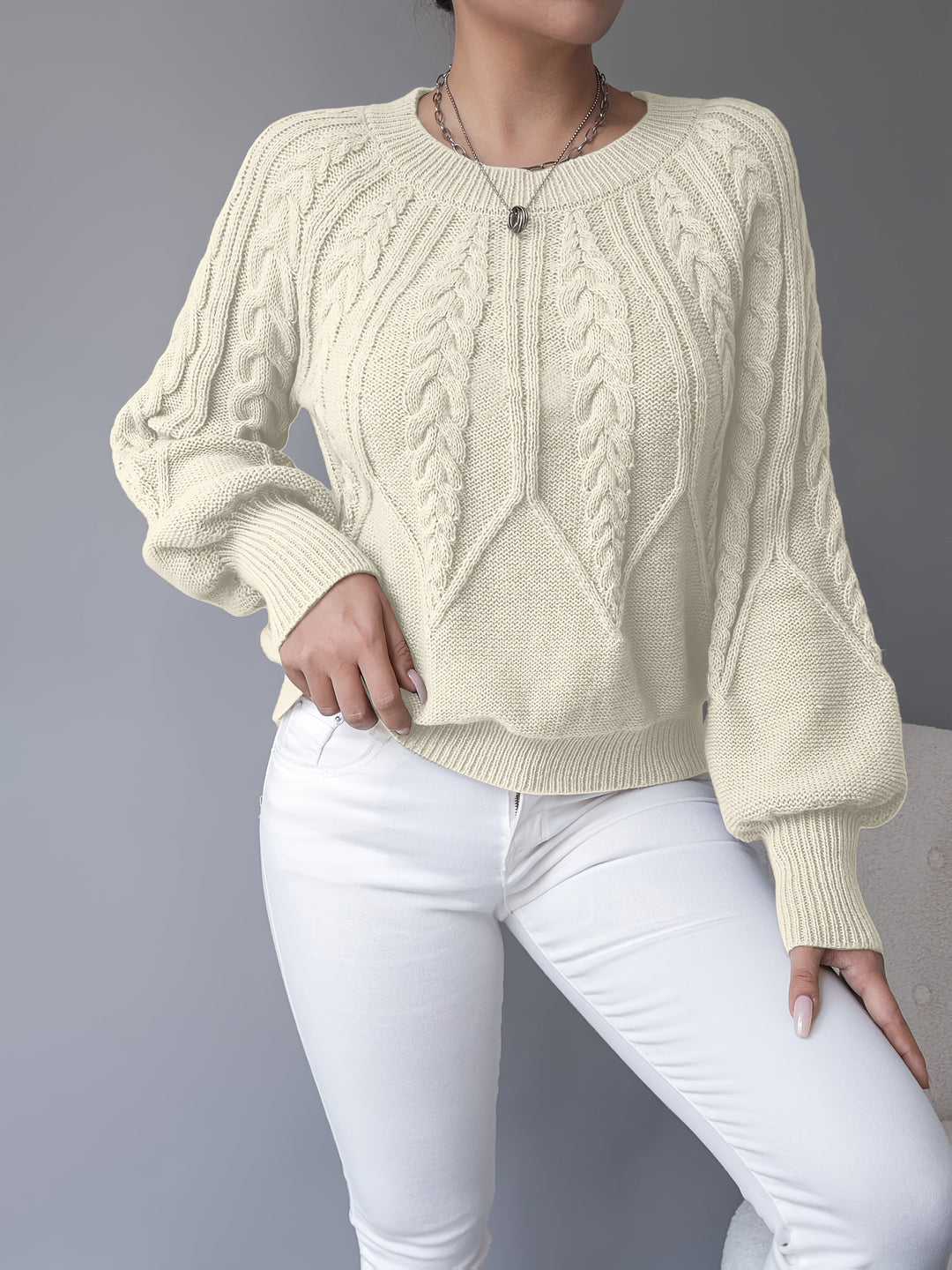 Caldra | Damen Zopfmuster Strickpullover - Taupe - Image 16