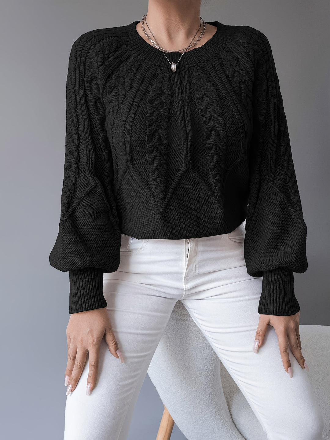 Caldra | Damen Zopfmuster Strickpullover - Taupe - Image 18