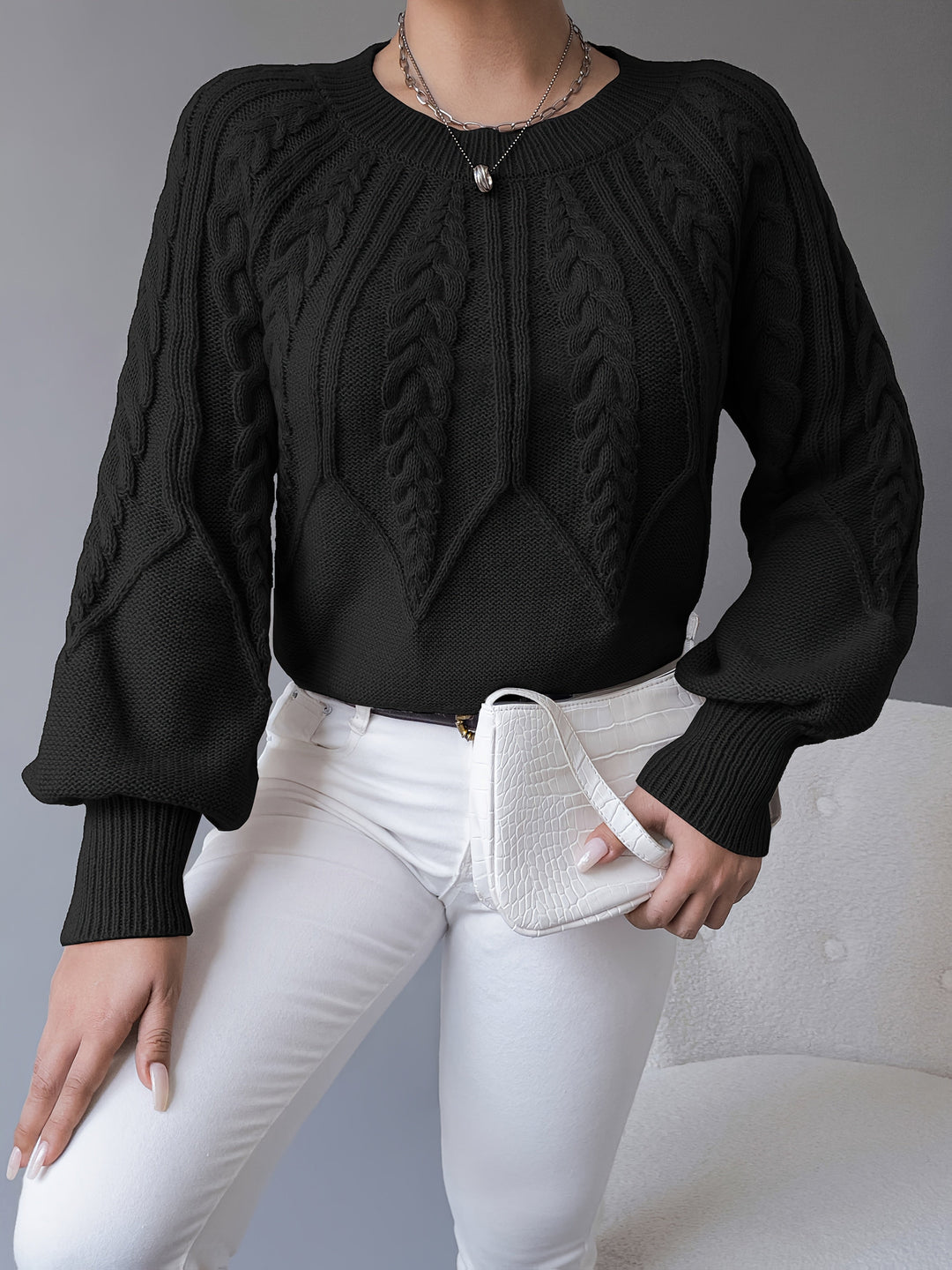 Caldra | Damen Zopfmuster Strickpullover - Taupe - Image 21