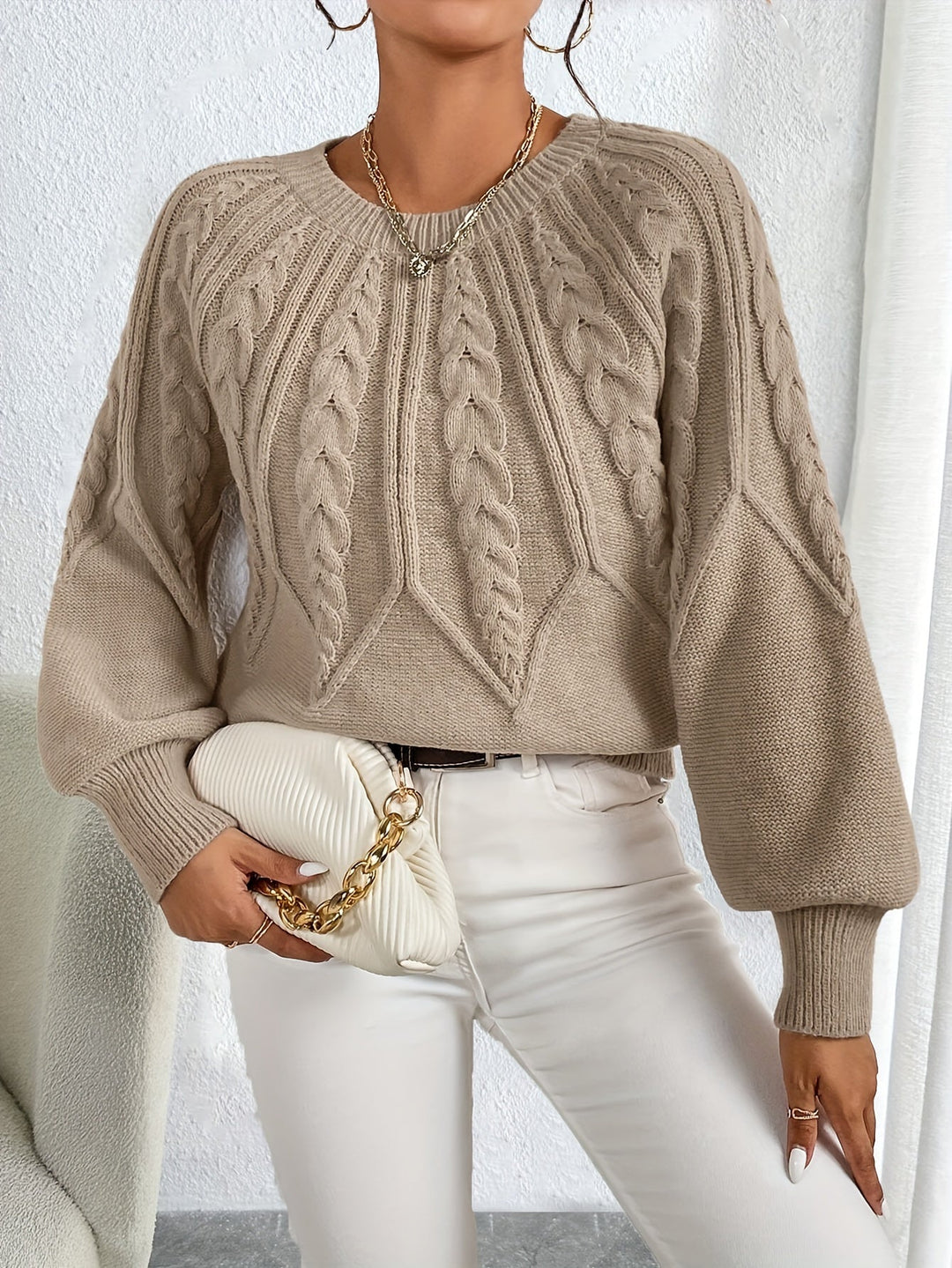 Caldra | Damen Zopfmuster Strickpullover - Taupe - Image 4