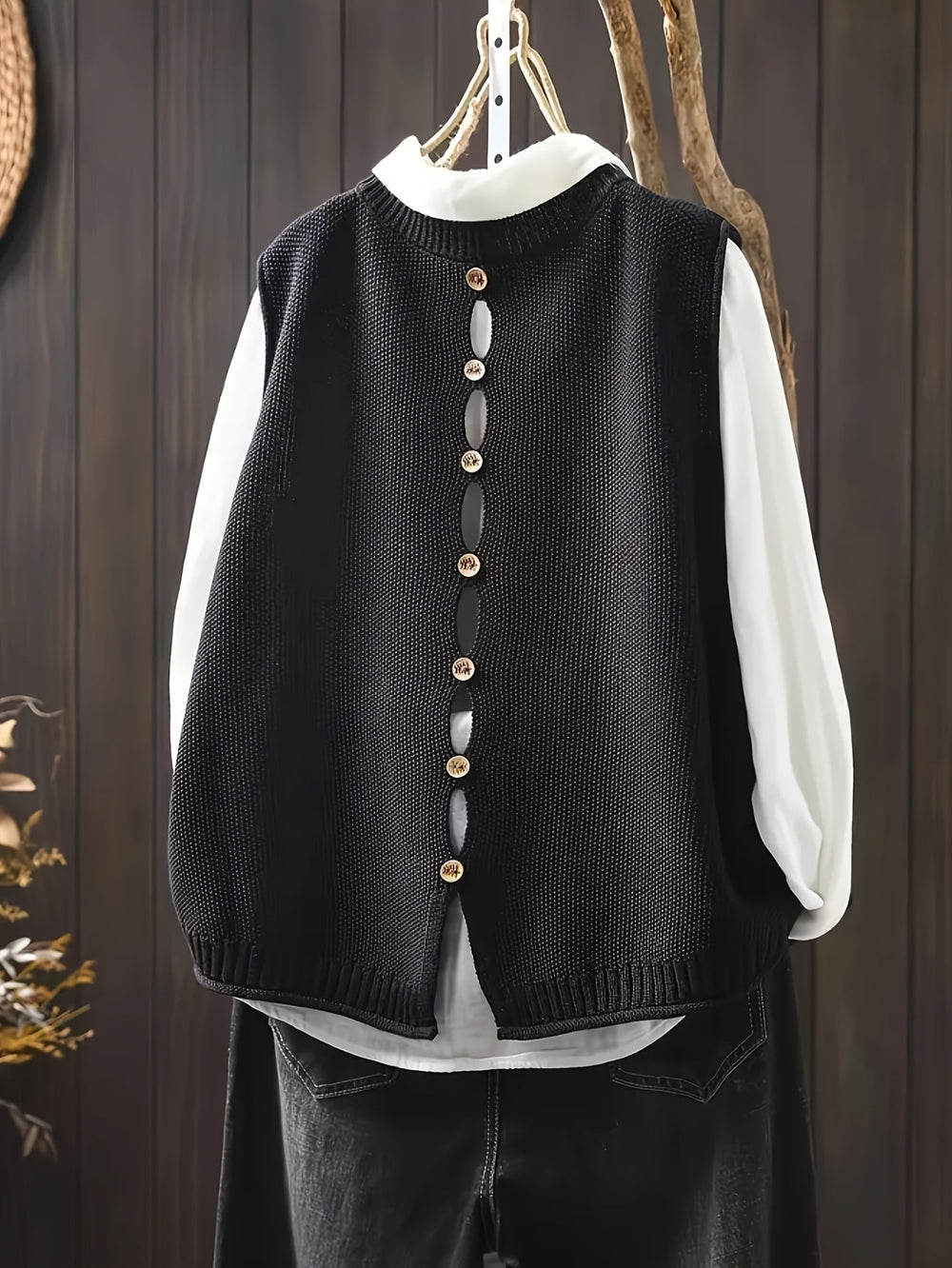 Calveth | Women's Knit Sweater Vest & Shirt Two-Piece Set - Black - Image 2