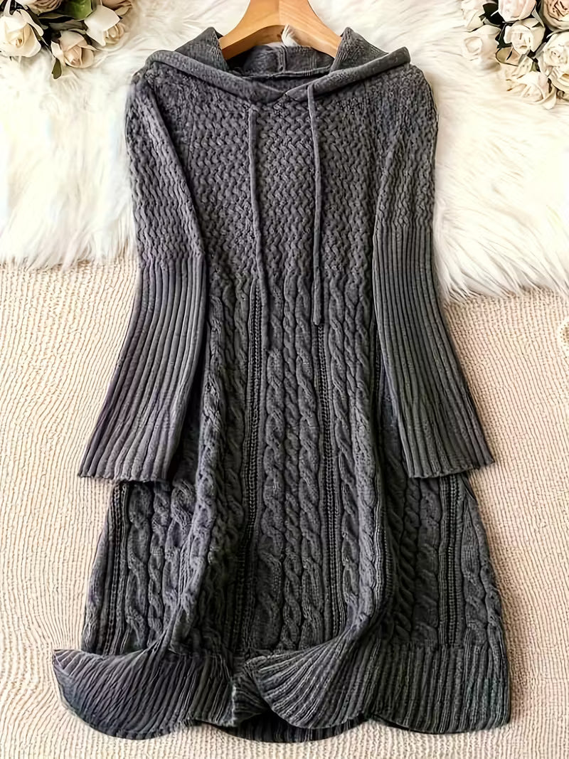 Cardwyn | Damen Strickkleid mit Kapuze Zopfmuster - Dark Grey - Image 1