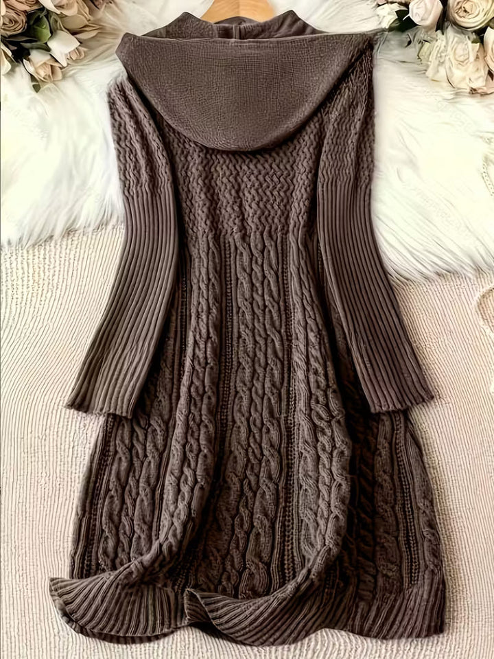 Cardwyn | Damen Strickkleid mit Kapuze Zopfmuster - Dark Grey - Image 4