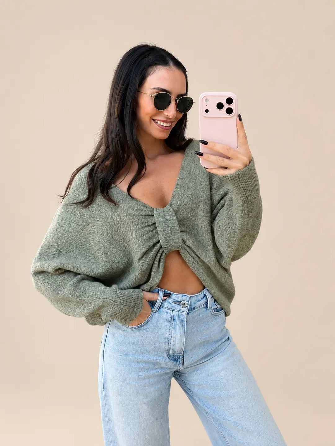Celvonde | Damen Strickpullover mit Knotendetail - Sage - Image 1