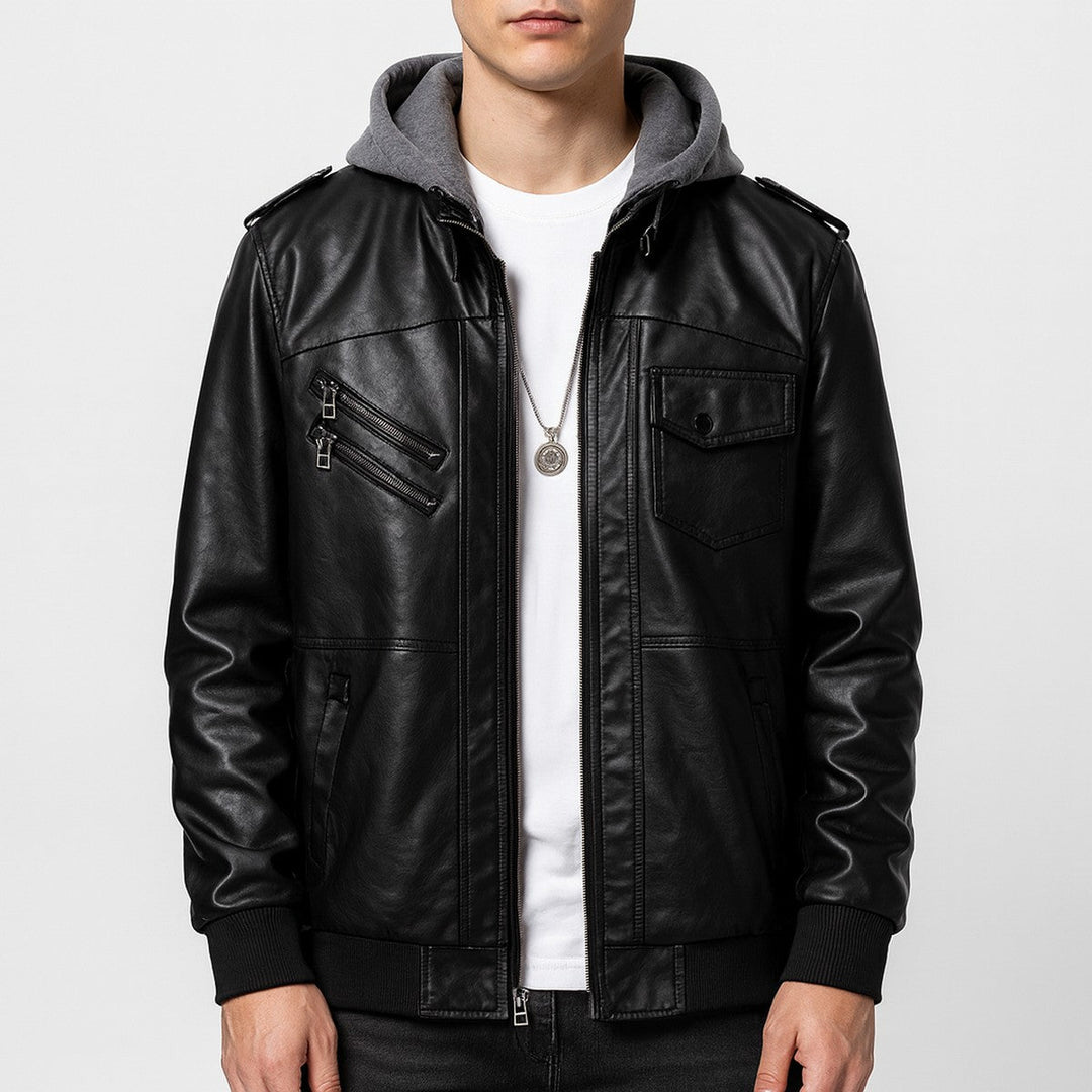 Corvane | Herren Kunstleder Bomberjacke mit Kapuze - Black - Image 1
