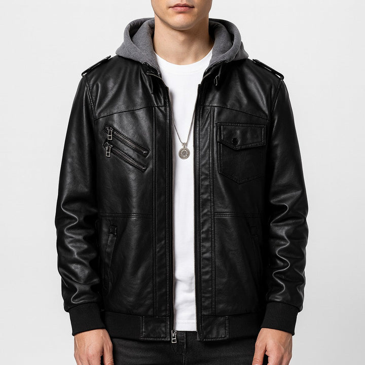 Corvane | Herren Kunstleder Bomberjacke mit Kapuze - Black - Image 1