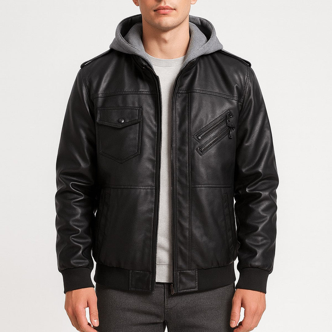 Corvane | Herren Kunstleder Bomberjacke mit Kapuze - Black - Image 2