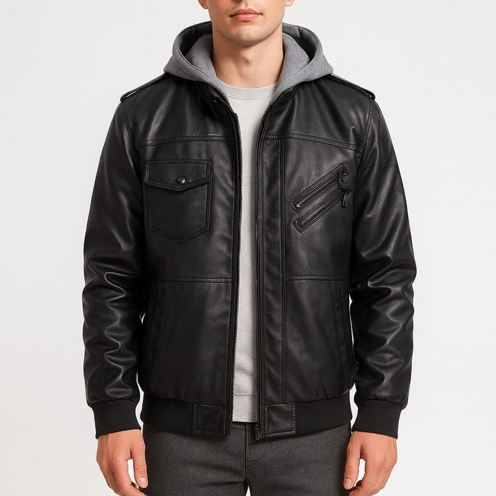 Corvane | Herren Kunstleder Bomberjacke mit Kapuze - Black - Image 2