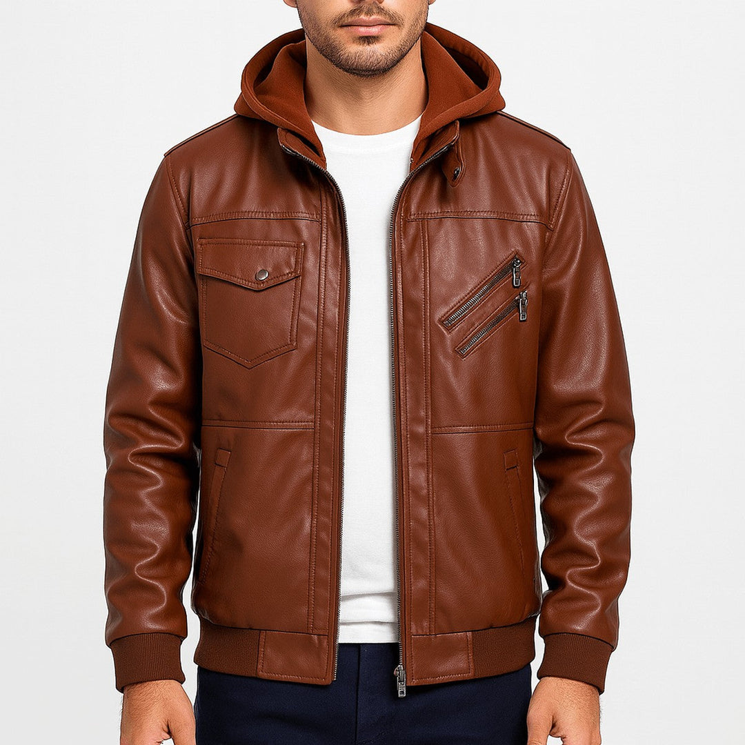 Corvane | Herren Kunstleder Bomberjacke mit Kapuze - Black - Image 3
