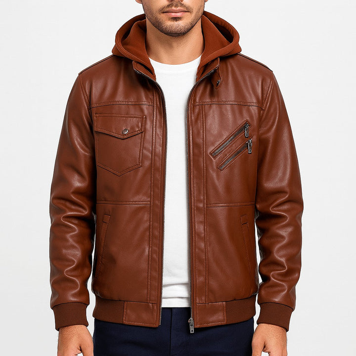 Corvane | Herren Kunstleder Bomberjacke mit Kapuze - Black - Image 3