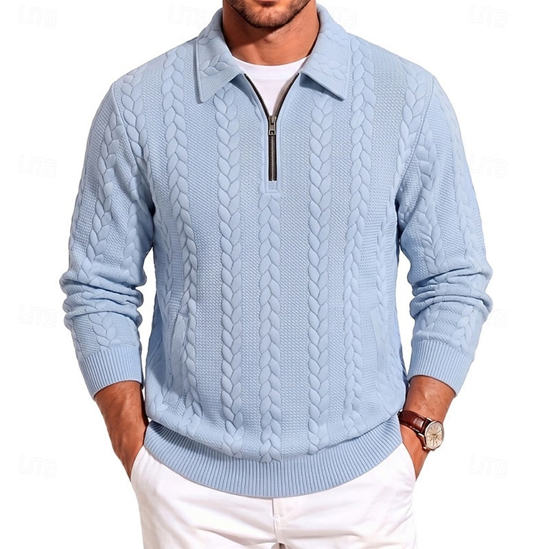 Corvund | Herren Strickpullover Zopfmuster Viertelreißverschluss - Light Blue - Image 1