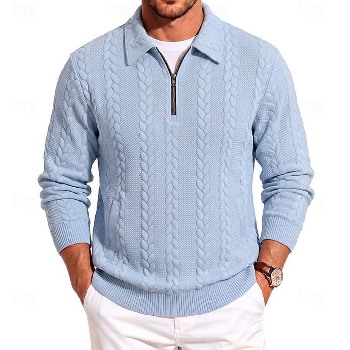 Corvund | Herren Strickpullover Zopfmuster Viertelreißverschluss - Light Blue - Image 1