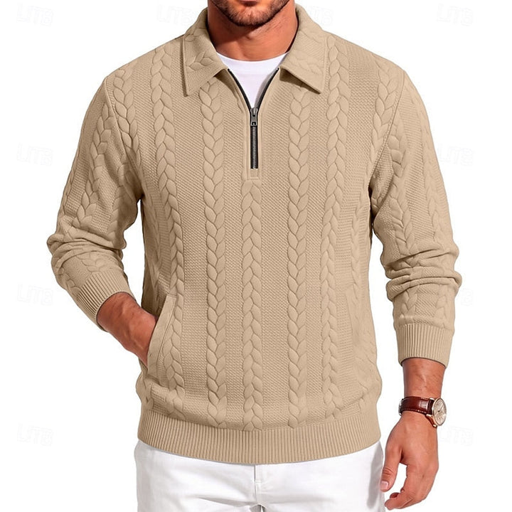 Corvund | Herren Strickpullover Zopfmuster Viertelreißverschluss - Light Blue - Image 10