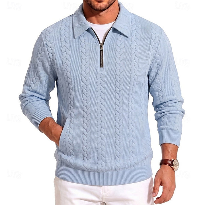 Corvund | Herren Strickpullover Zopfmuster Viertelreißverschluss - Light Blue - Image 2