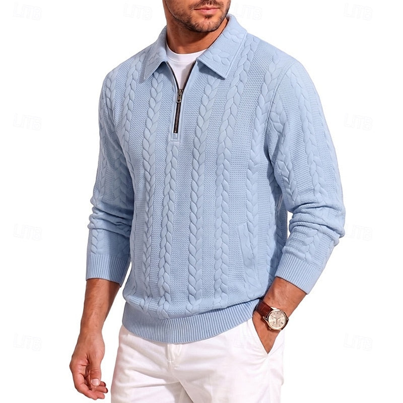 Corvund | Herren Strickpullover Zopfmuster Viertelreißverschluss - Light Blue - Image 3