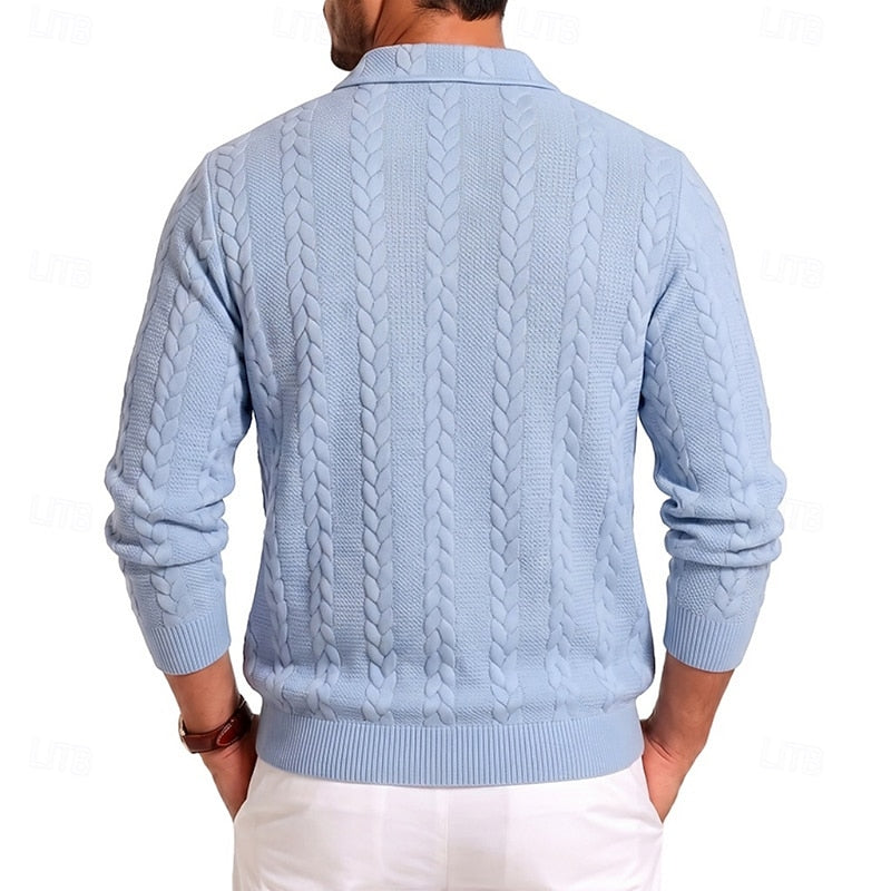 Corvund | Herren Strickpullover Zopfmuster Viertelreißverschluss - Light Blue - Image 4