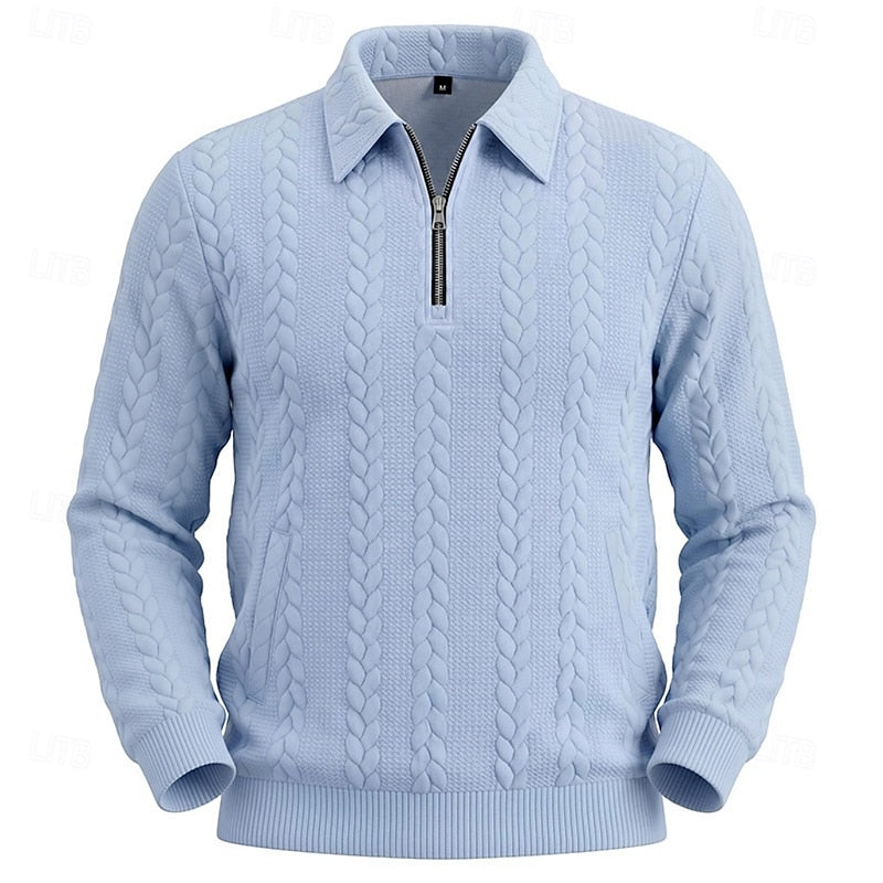 Corvund | Herren Strickpullover Zopfmuster Viertelreißverschluss - Light Blue - Image 5