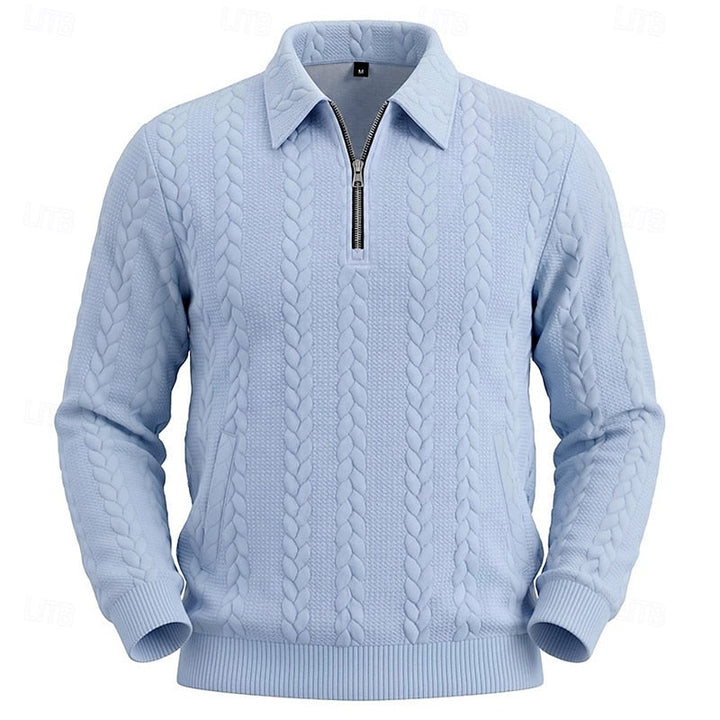 Corvund | Herren Strickpullover Zopfmuster Viertelreißverschluss - Light Blue - Image 5