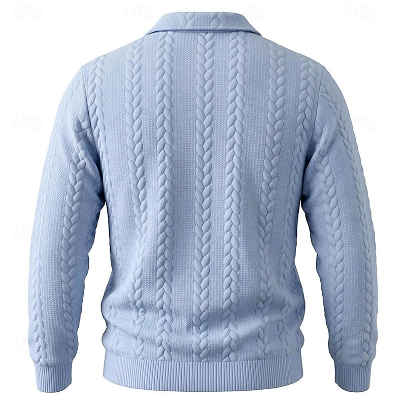 Corvund | Herren Strickpullover Zopfmuster Viertelreißverschluss - Light Blue - Image 6